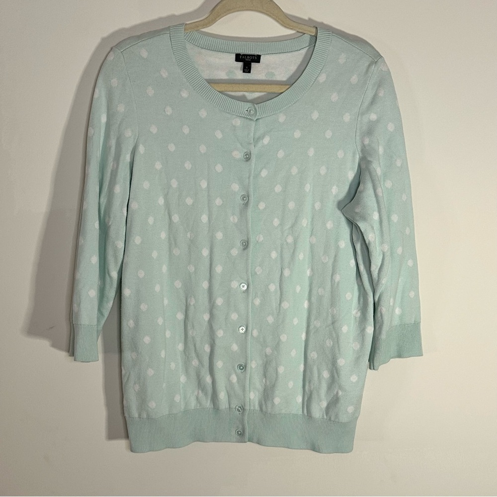 Talbots Woman Mint Green Polka Dot Cardigan – Size X- Winter Sweater Gift Layer